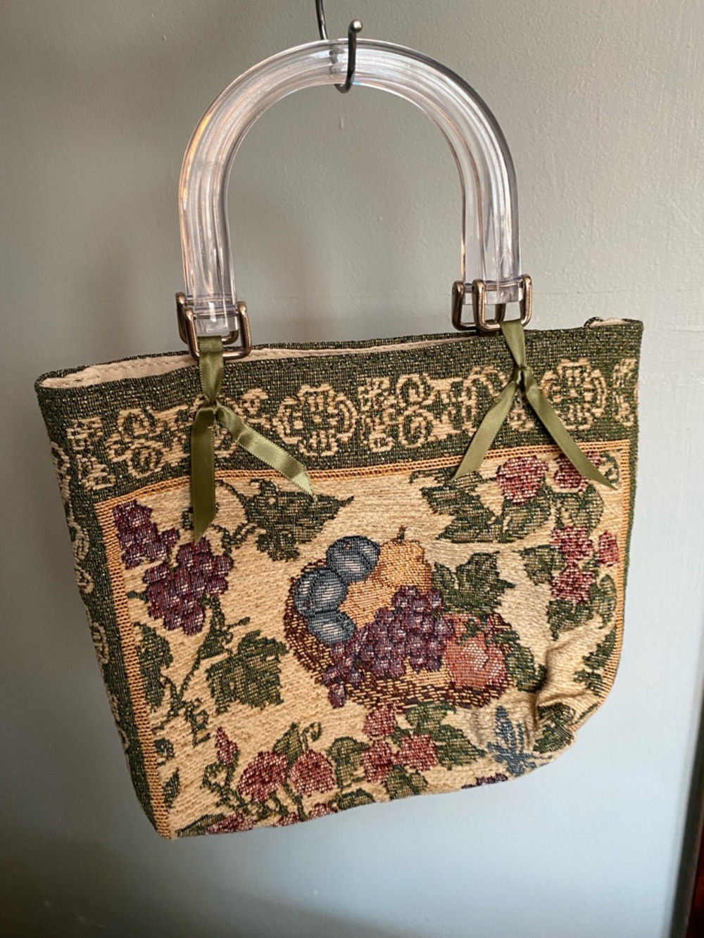 Vintage Fruit Tapestry Handbag with Clear Lucite Style Handles